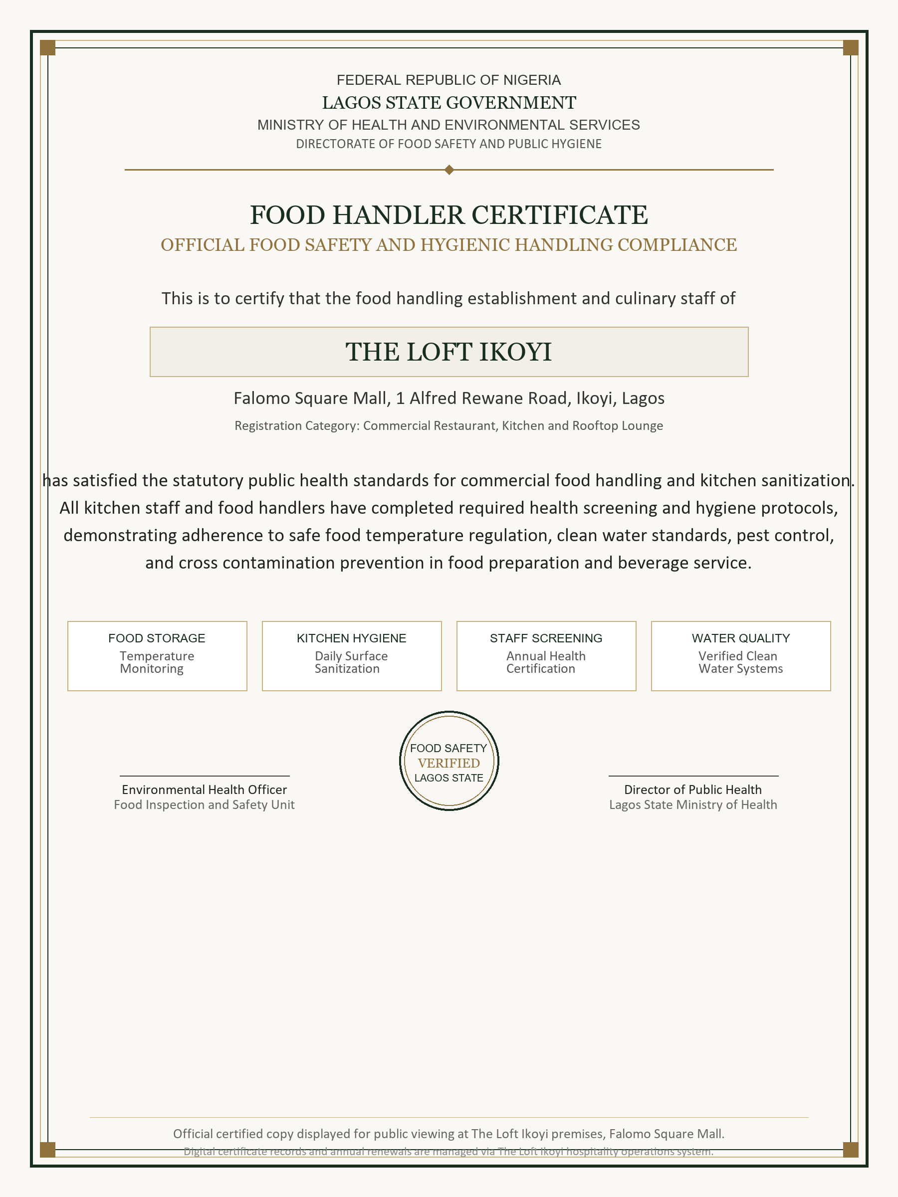 The Loft Ikoyi Food Handler Certificate Preview